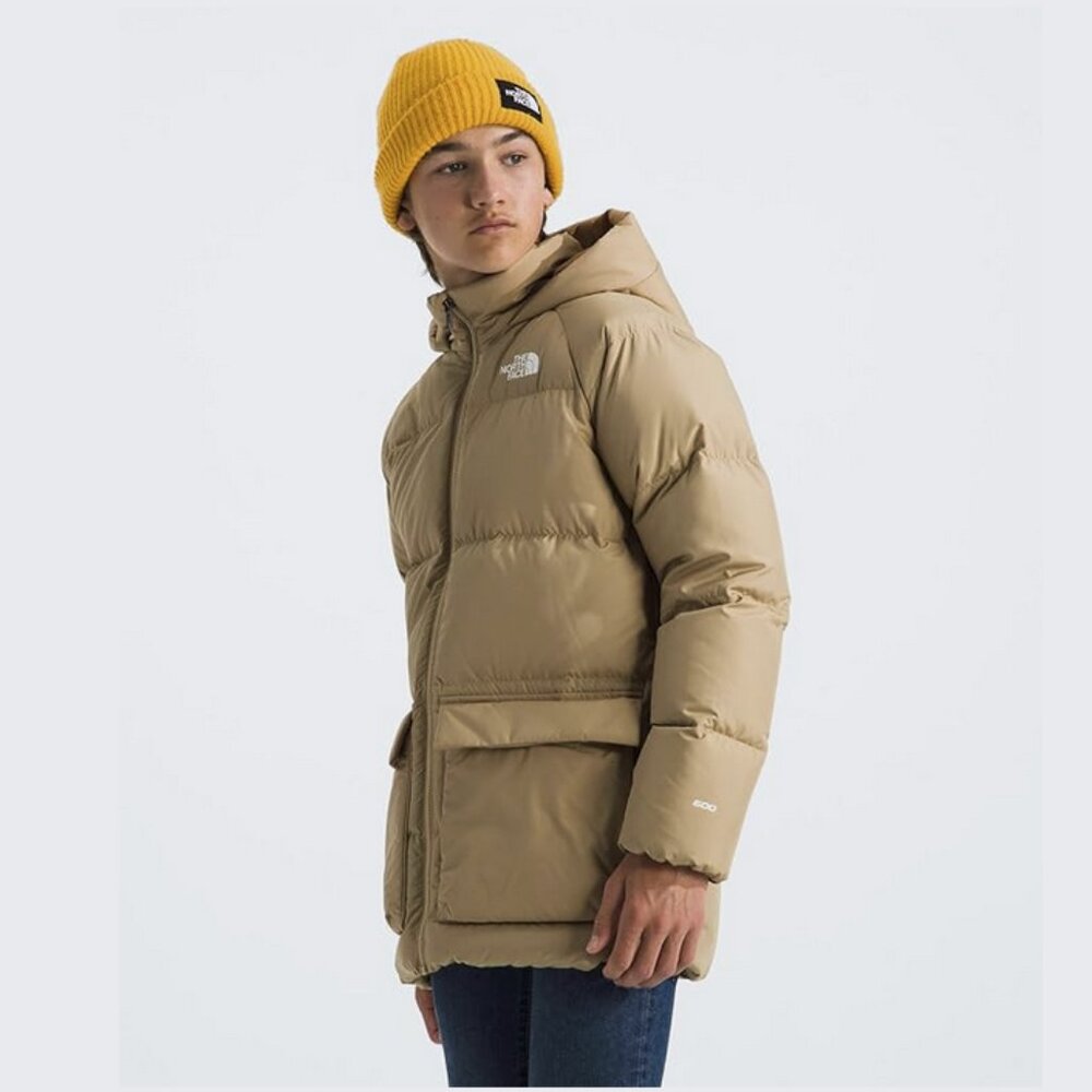 Teen XL 600 Down Puffer Jacket Quilted Fleece Lined Hood Zip Coat Winter Khaki